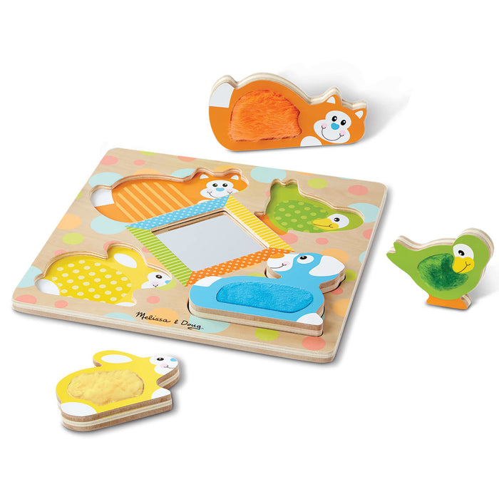 First Play Wooden Touch and Feel Puzzle Peek-a-Boo Pets With Mirror B3