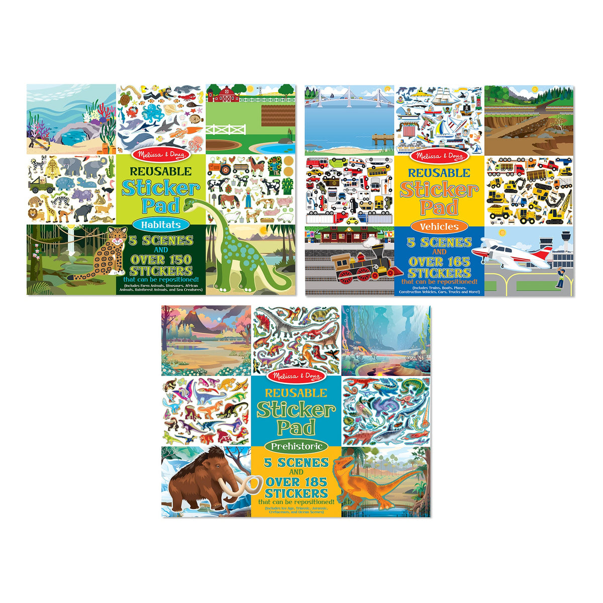 Reusable Sticker Pad 3-Pack: Vehicles, Habitats, Prehistoric A3