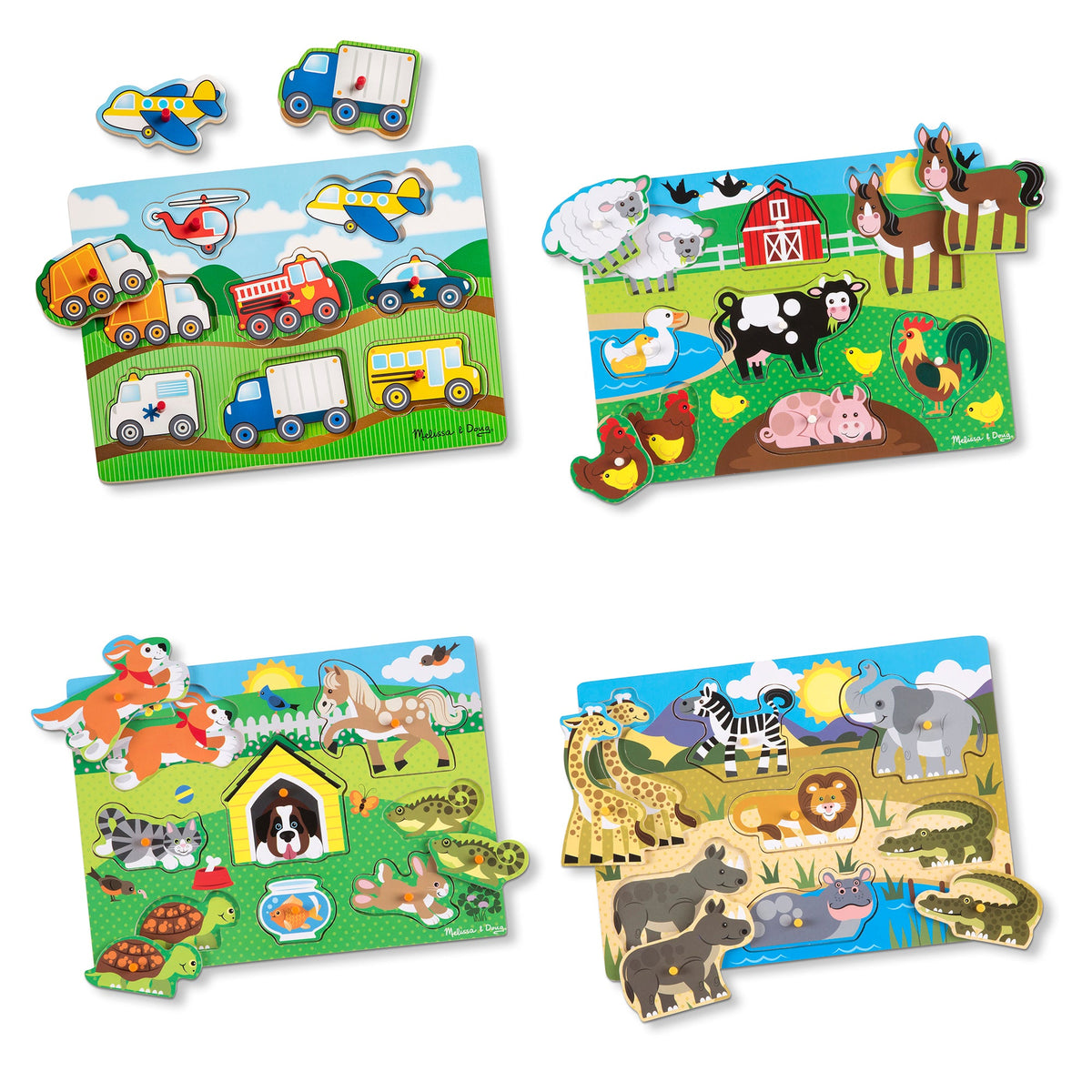 Wooden Peg Puzzle 4-Pack – Vehicles, Farm, Safari, Pets C6